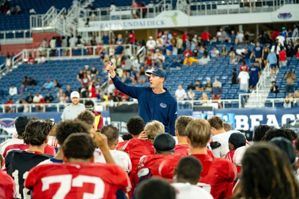 Head football coach Zach Kittley giving a speech to his team at the 26th annual Spring Game on Friday, April 17 at Flagler Credit Union Stadium. 