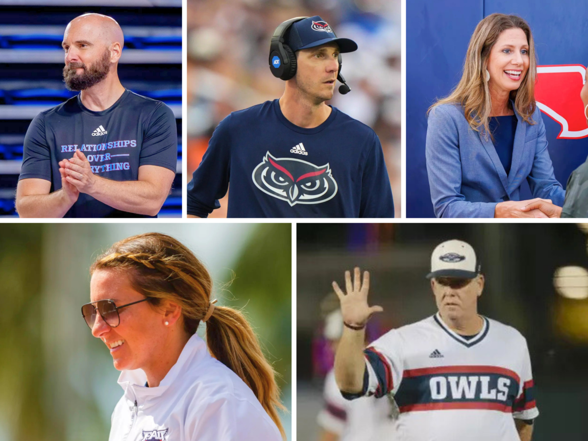 (left to right, top to bottom) Florida Atlantic head coaches John Jakus (men’s basketball), Zach Kittley (football), LeAnn Freeland (women’s basketball), Jordan Clark (softball), and John McCormack (baseball). 