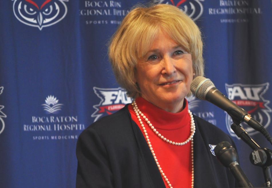 FAU President Mary Jane Saunders opens Thursdays press conference announcing move to Conference USA. She thanked Florida International University for their help, but warned that the Owls will soon recapture the Shula Bowl Trophy.