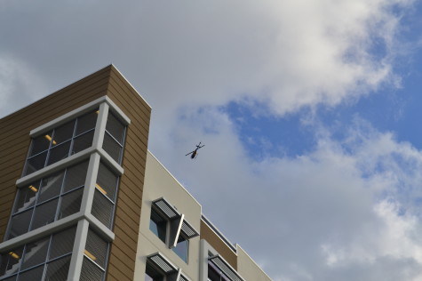 Channel 5 helicopters were seen flying over the Innovation Village Apartments on Thursday Nov. 29th during the campus lock down. Photo by Max Jackson.