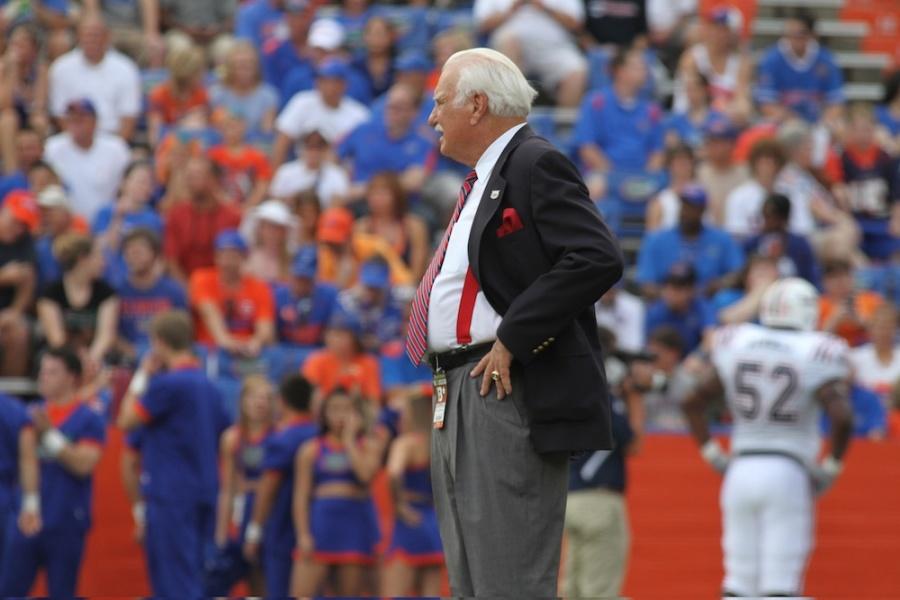FAU football coach Howard Schnellenberger looked on before the Sept. 3 FAU-UF game. FAU went on to lose  41-3. They were paid $500,000 for the game. UF’s athletic fee is $1.90 per credit hour - the lowest in the state. FAU’s is $16.45 per credit hour - the highest of  the state schools with football. Photo by Lorenzo Ponce De Leon.