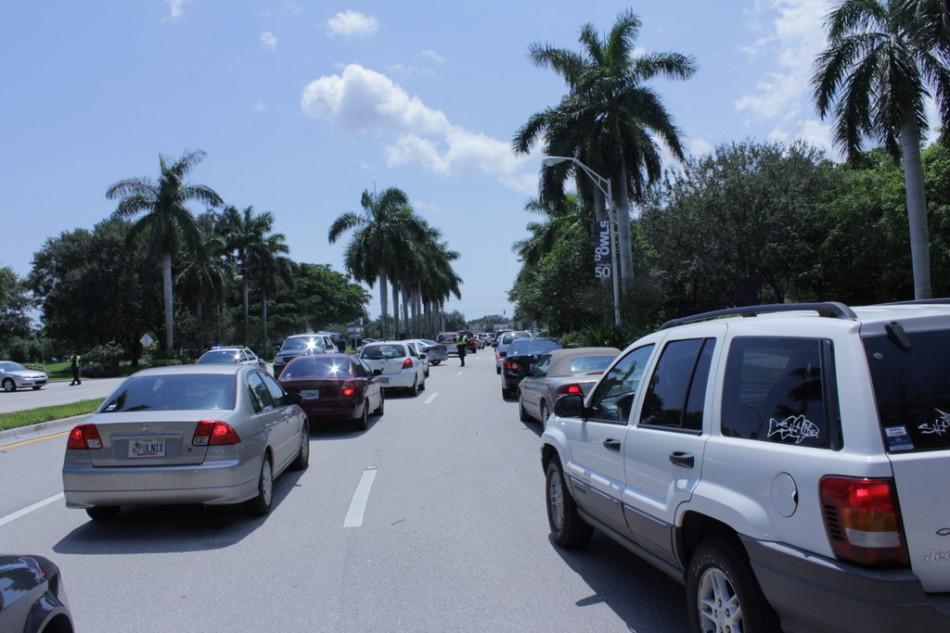 Broward Avenue was backed up as far as the Student Union around 1 p.m. on Wednesday, Sept. 14, after a car accident caused police to shut down an FAU exit and part of Glades Road. Photo by Allison Nielsen.