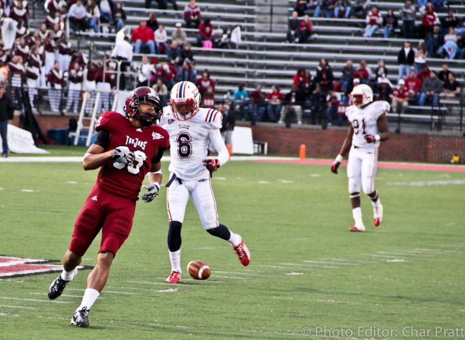 Trojans+wide+receiver+Chandler+Worthy+drops+a+pass+that+would+have+been+a+touchdown+for+Troy.+Photo+by+Zack+Duarte.