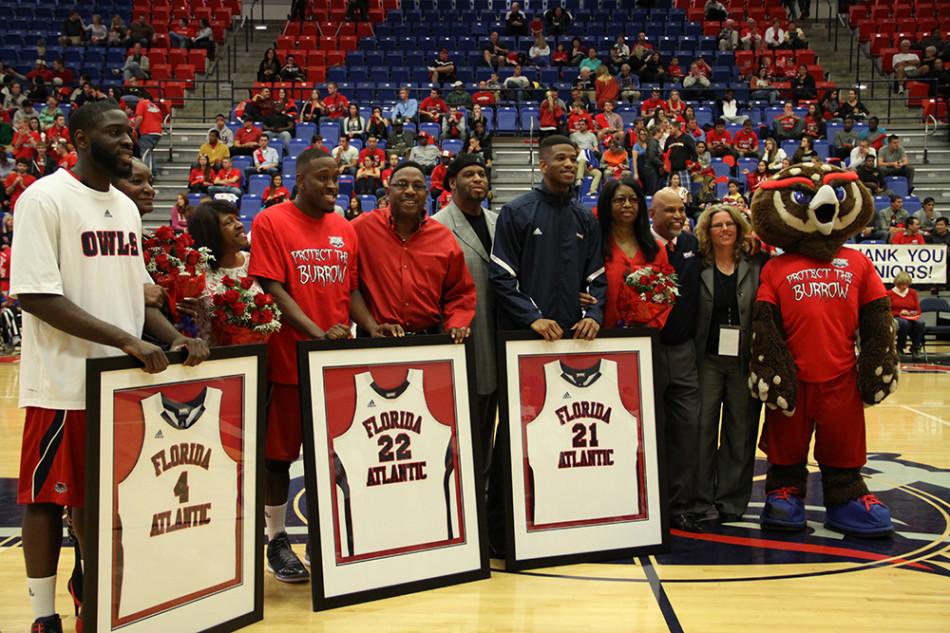 Owls seniors Andre Mattison, Greg Gantt, and Jordan McCoy posed on FAU's Senior Night. Photo by Melissa Landolfa.